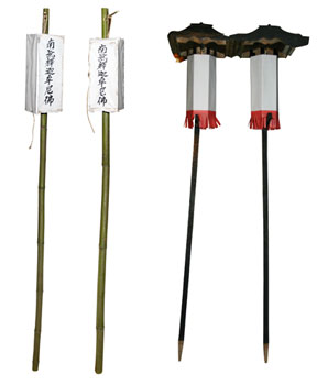 竹製の灯篭（写真左）、組の持ち物として作られた灯篭（写真右）
